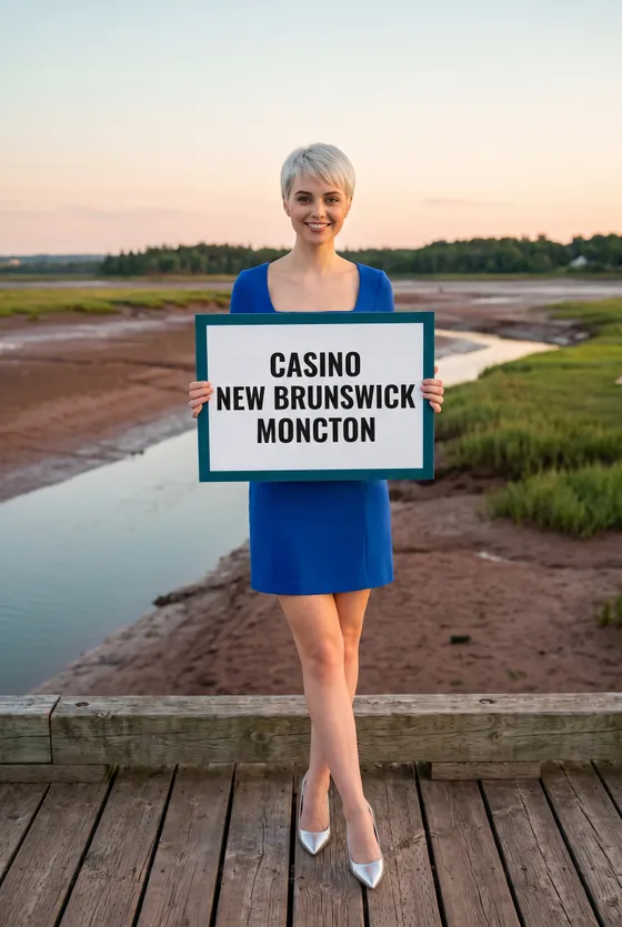 Generated image: the site character, a young woman with a platinum pixie cut in a cobalt-blue mini dress, stands on a wooden boardwalk by a tidal river at low tide at dusk, holding a white board that reads Casino New Brunswick, Moncton.